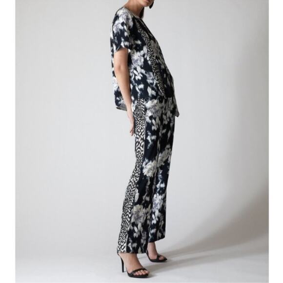 Natori Tie-Dye Floral Fluid Crepe Pull On Pants Black/White/Grey Sz XL Cocktail - Picture 2 of 16